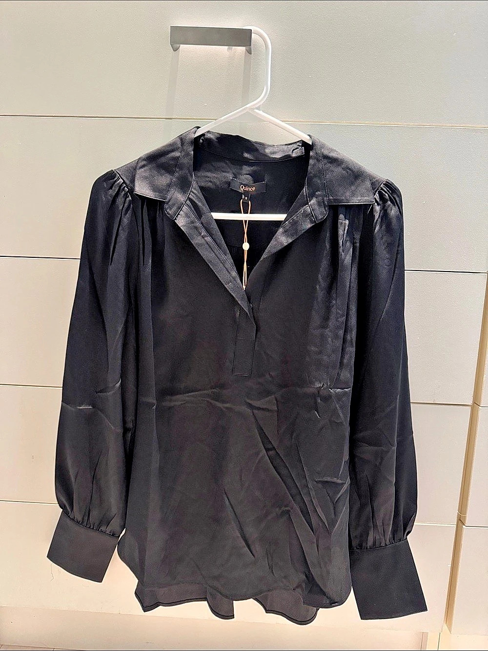 Quince Washable Stretch Silk Peasant Blouse Black Small NWT
